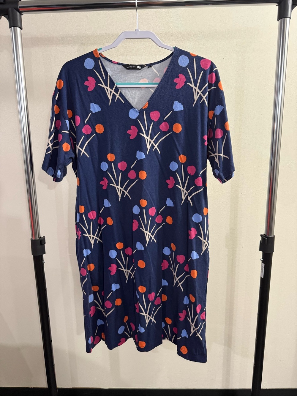 Uniqlo Navy Floral V-Neck Midi Dress - Blue/Pink/Orange